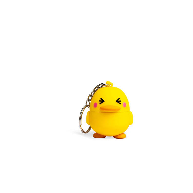 Yellow chick lip balm keychain with metal loop keyring