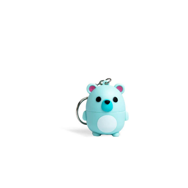 Blue bear lip balm keychain with metal loop keyring