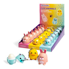 World Animals lip balm keychain display with bunny, chick and bear figures