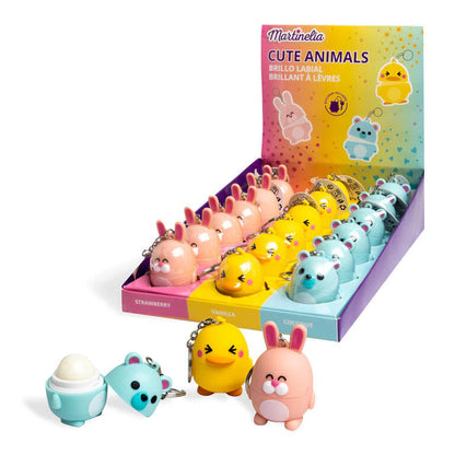 World Animals lip balm keychain display with bunny, chick and bear figures