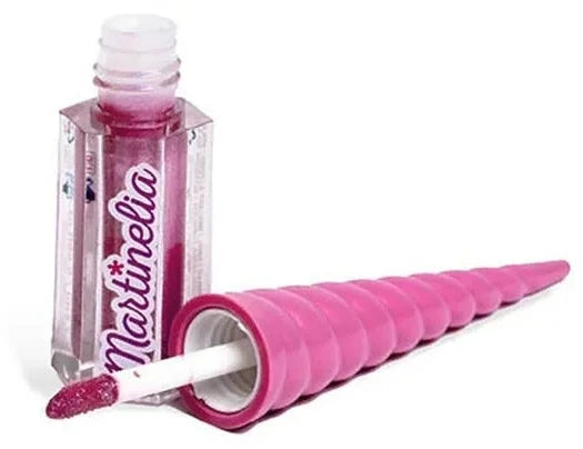 Brillo labial unicornio fucsia con aplicador tipo espiral y varita abierta