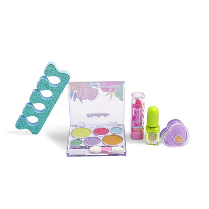 Schminkset-Accessoires: Lidschattenpalette, Lippenprodukt, Kompaktspiegel und Applikatoren