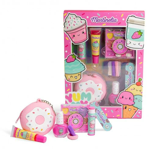 Yummy Sweet Beauty Set in pink: includes bottles, accessories, and a zip pouch
