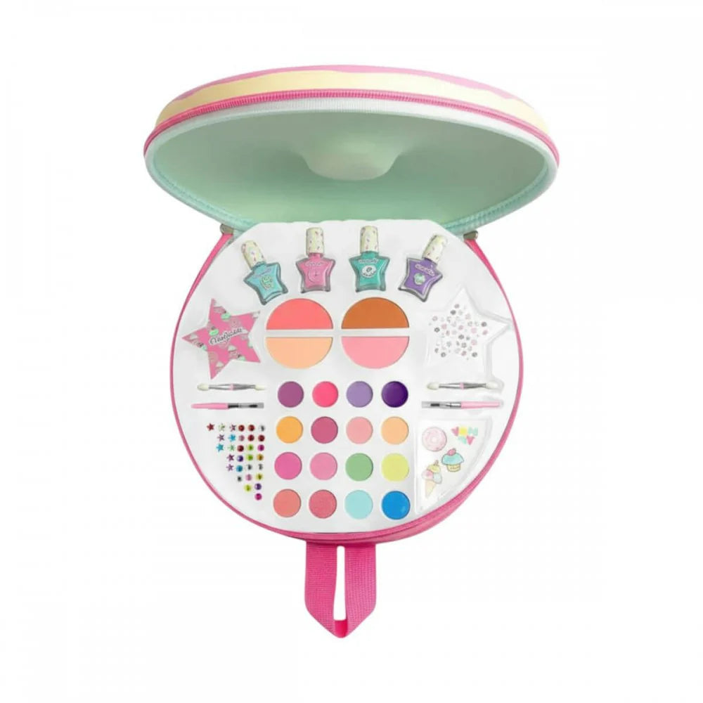 Donut dream backpack open top showing colorful palette and small makeup tools