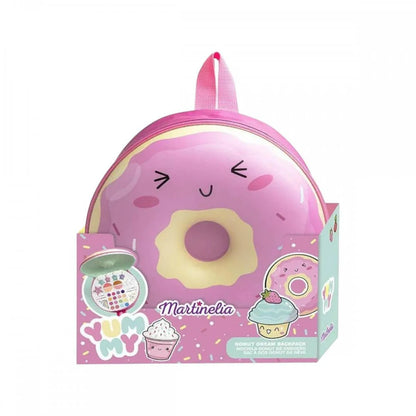 Donut dream backpack pink with cute face graphic and hanging donut keychain