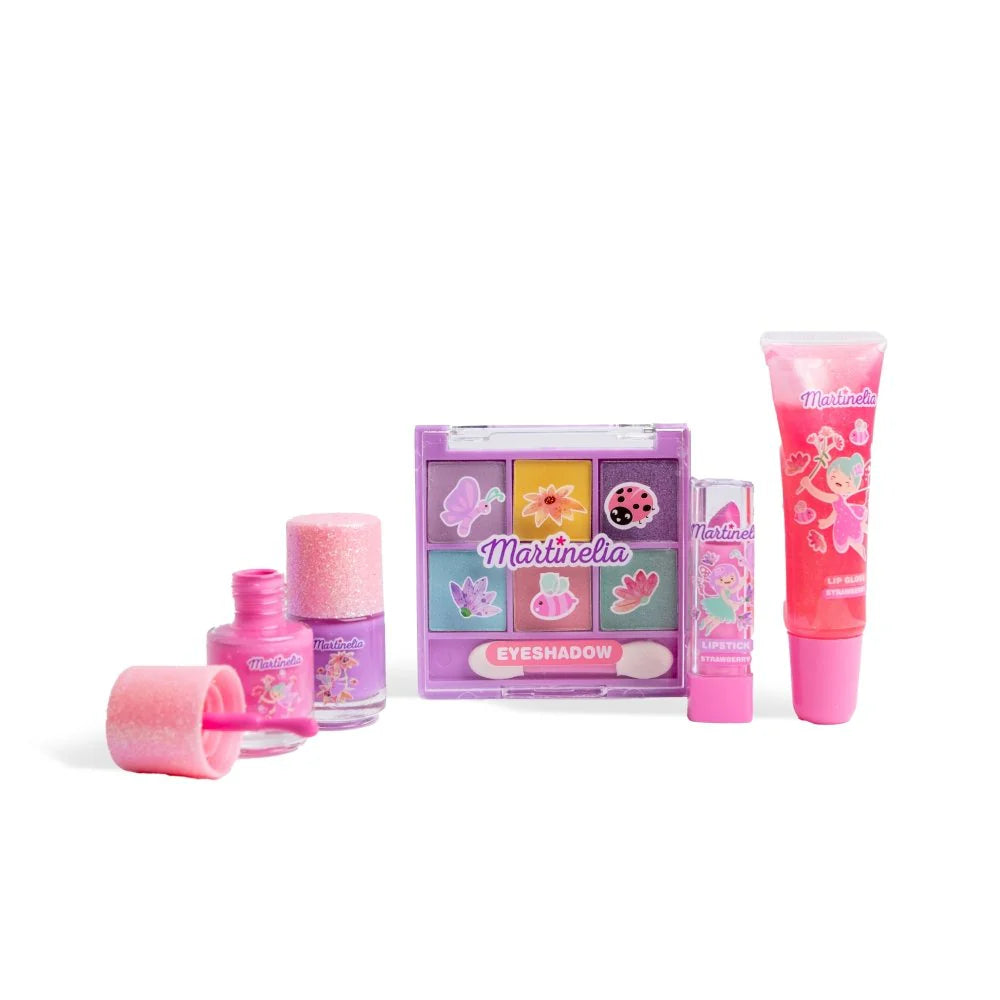 Butterfly fairy beauty box cosmetics set: eyeshadow palette, lip gloss tube, and bottles