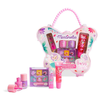 Butterfly fairy beauty box set with handle case, lip gloss bottles, and eyeshadow palette