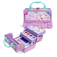 Fairy Things Beauty Set: lilac vanity case with turquoise handle, open with makeup accessories