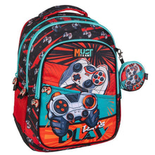 Primary school backpack with robot graphic, black-red-teal, and matching zip pouch