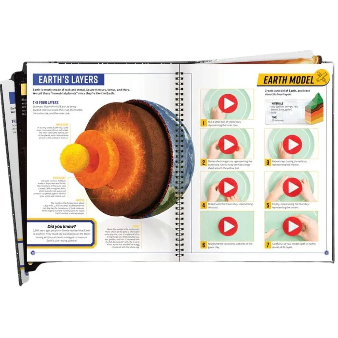 Open activity book showing Earth layers model diagrams with step-by-step play icons
