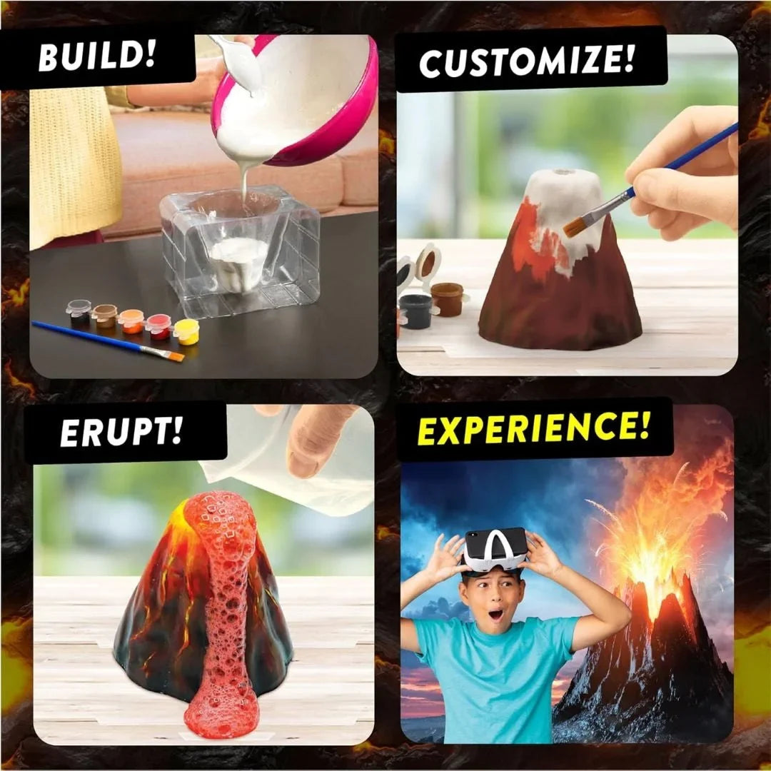 Steam Lab VR volcano science kit with lava eruption model, glass base, and colored parts