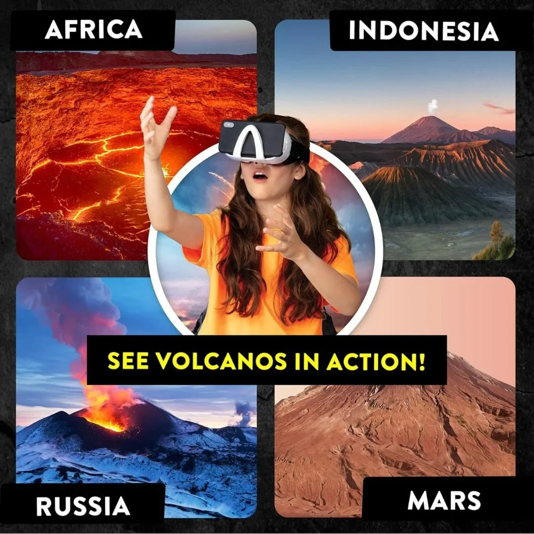 Steam Lab VR volcano science kit with child wearing VR headset showing volcano landscapes