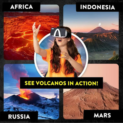 Steam Lab VR volcano science kit with child wearing VR headset showing volcano landscapes