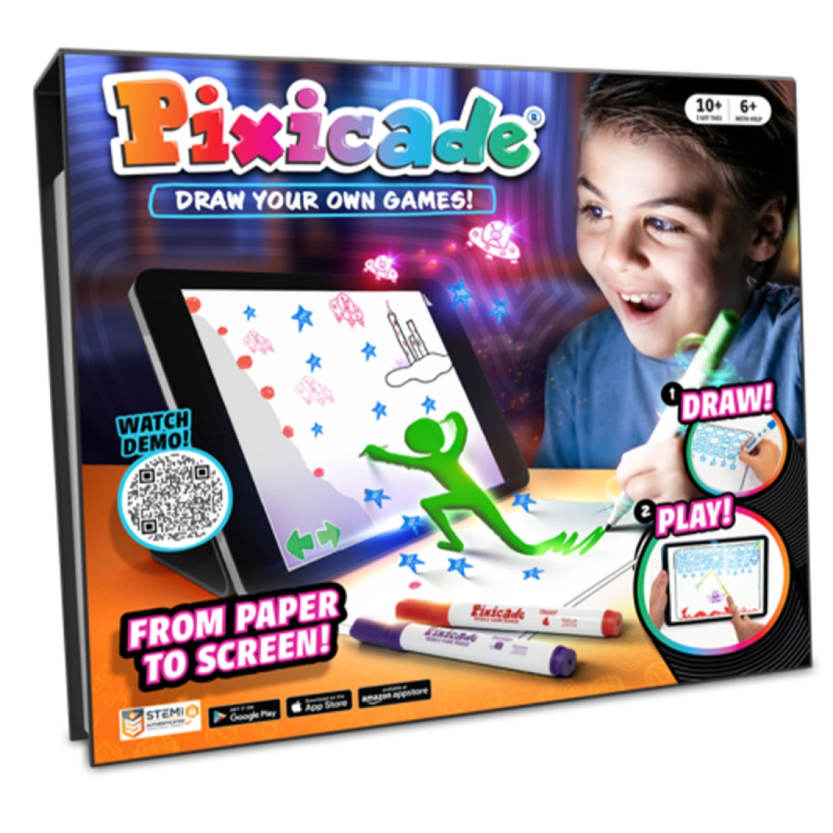 Pixicade mobile video game maker retail box with tablet and marker graphics