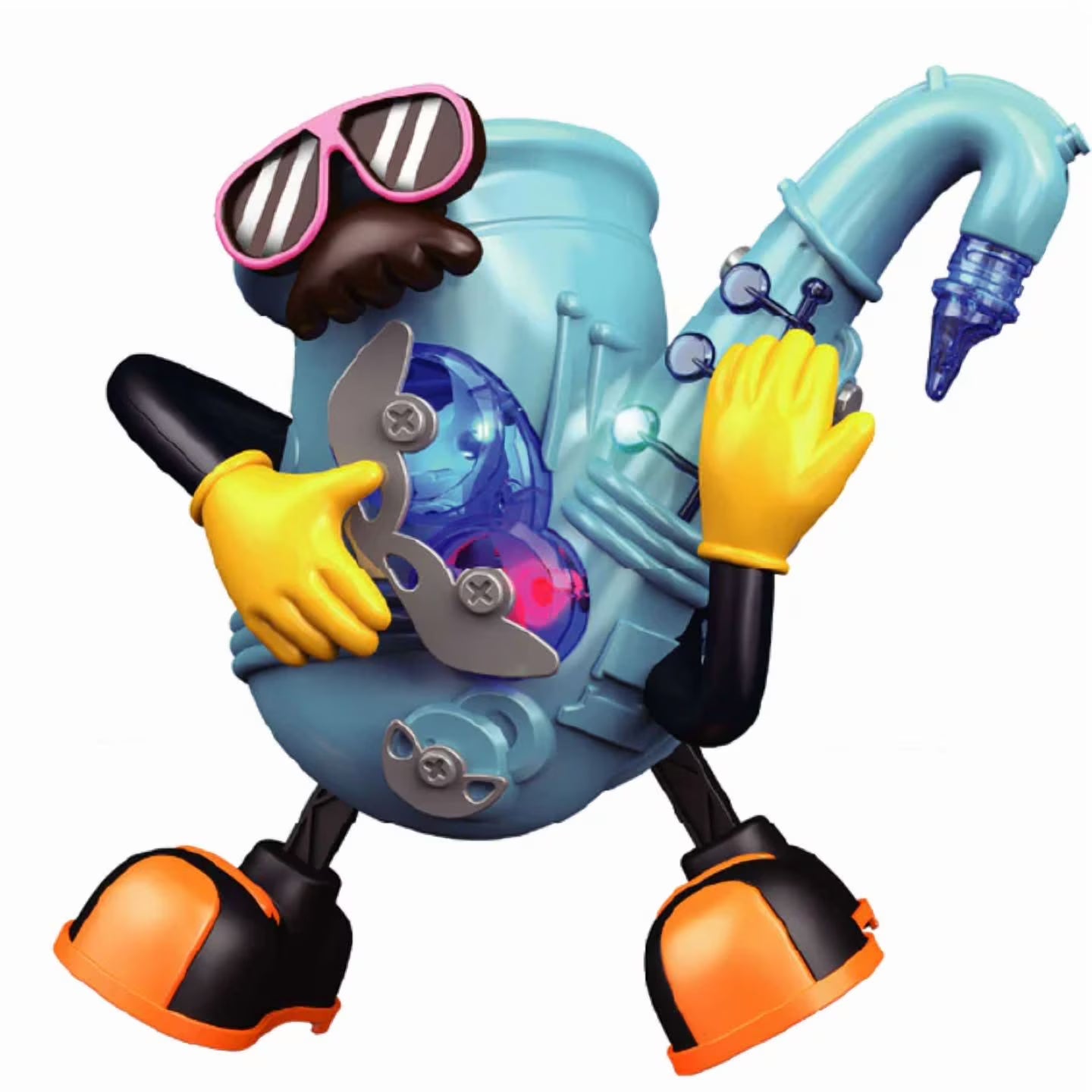 TenorBot robot toy with blue body, yellow hands, orange boots and striped visor mask