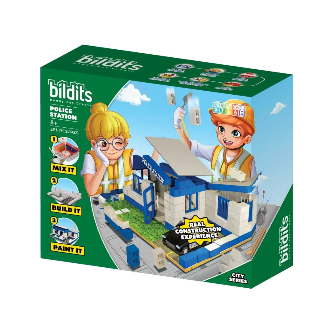 Police station building set in retail box, green and blue design with cartoon characters