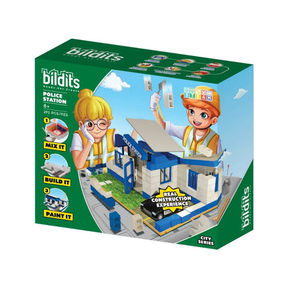 Police station building set in retail box, green and blue design with cartoon characters