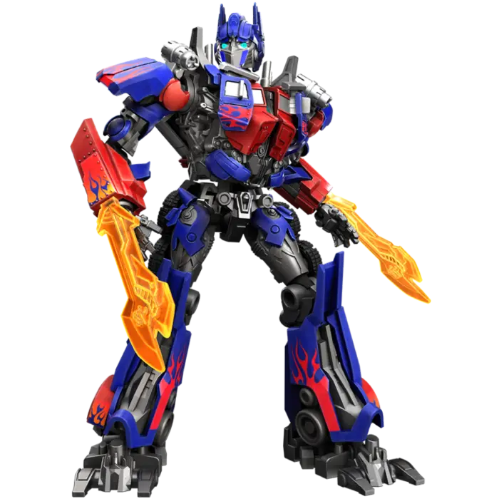 Optimus Prime Actionfigur mit orangefarbenen Flammenflügeln und blauen Teilen