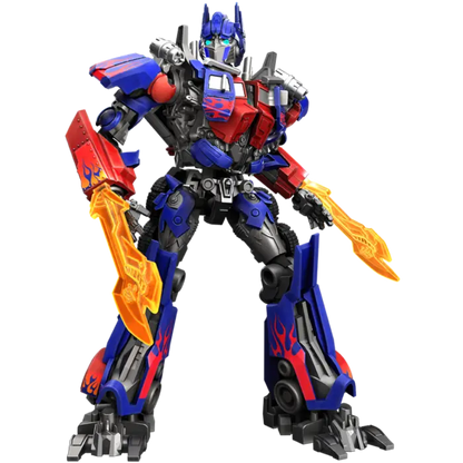 Optimus Prime Actionfigur mit orangefarbenen Flammenflügeln und blauen Teilen