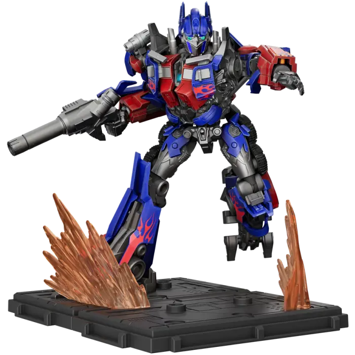 Optimus Prime Actionfigur auf schwarzer Plattform, Flammenoptik und Laser
