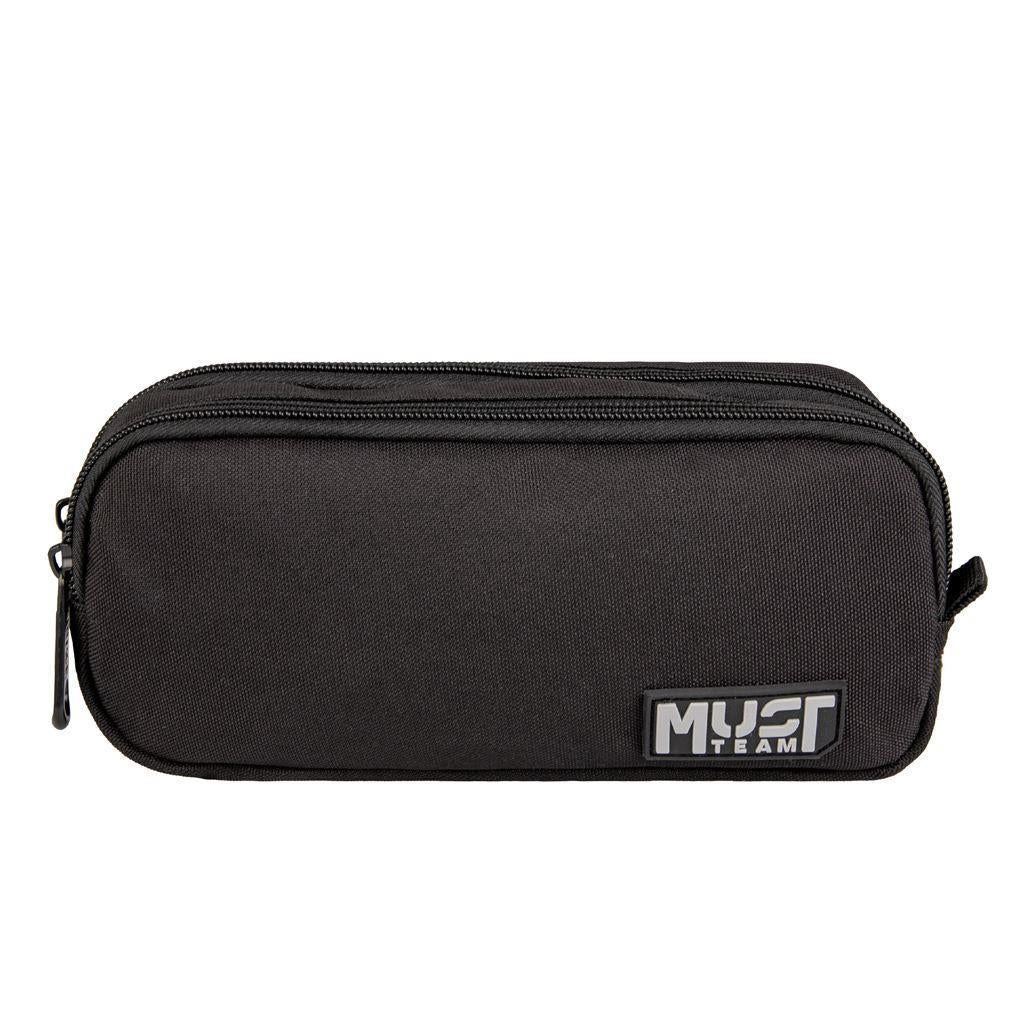 MUST Team barrel pencil case, monochrome black with grey logo patch and zip closure