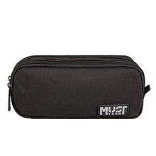 MUST Team barrel pencil case, monochrome black with grey logo patch and zip closure