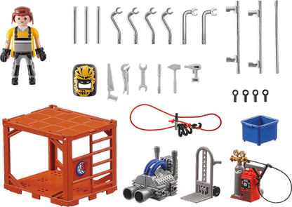 Playmobil City Action parts set with minifigure, tools, blue bin, and orange workbench