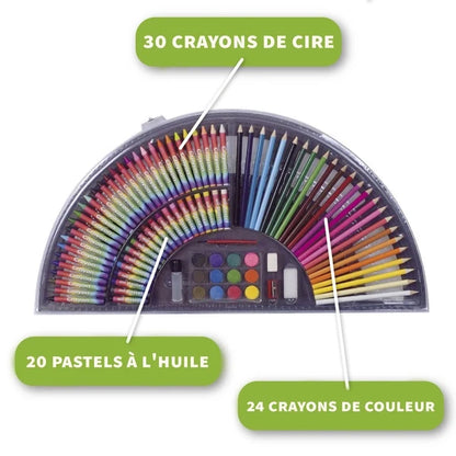 Half-moon art supply box with colored crayons, oil pastels, and pencil crayons