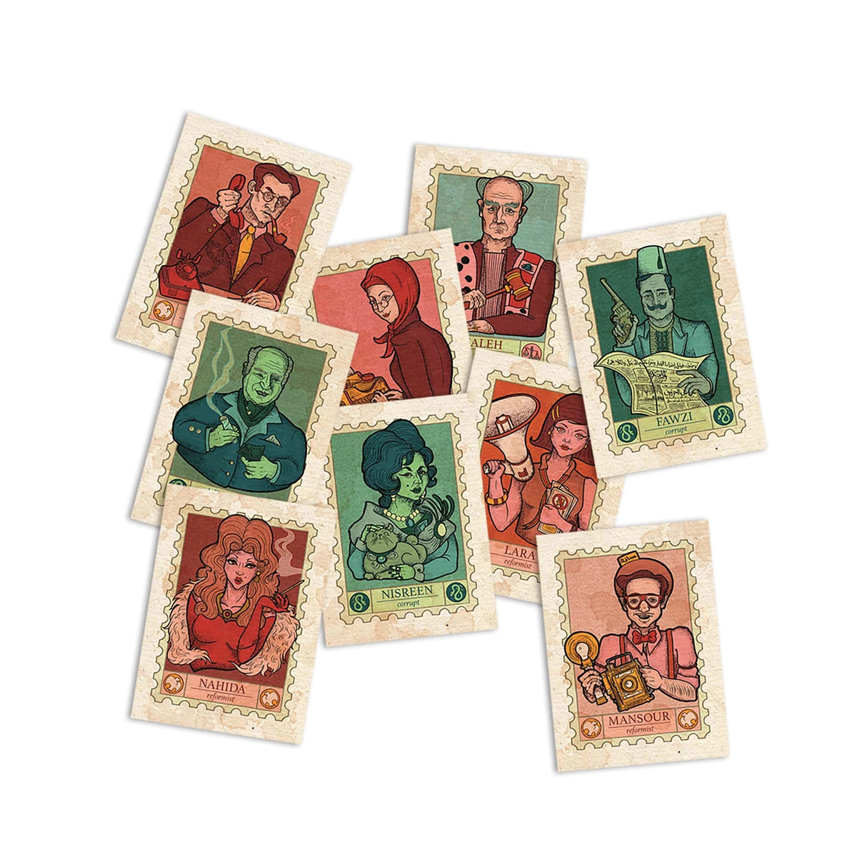 Set of illustrated cards with character portraits and decorative borders