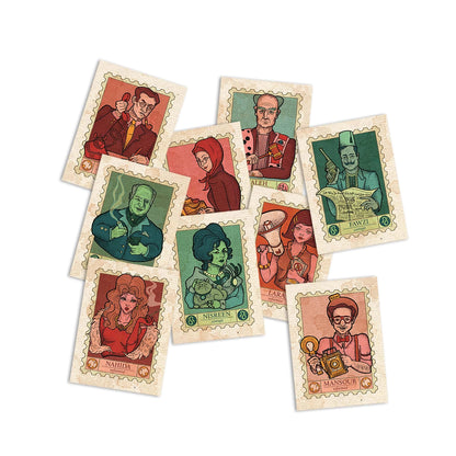 Set of illustrated cards with character portraits and decorative borders
