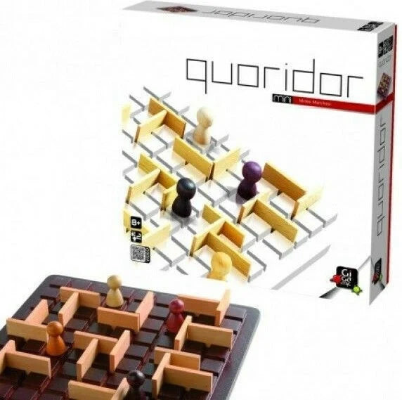 Wooden maze board with barrier walls, colored pawns, and base tray