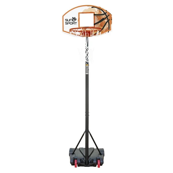 Basketball hoop with orange rim, white net, and black base stand