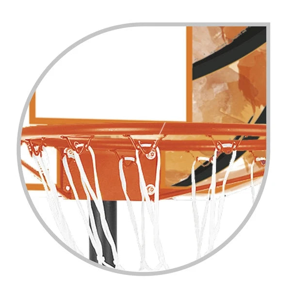 Basketball hoop rim with white net and orange metal frame
