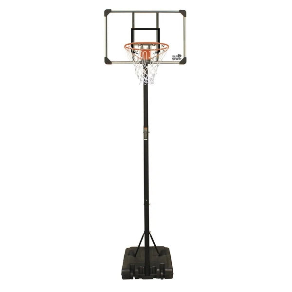 Adjustable basketball hoop with black pole and square backboard, includes base stand.