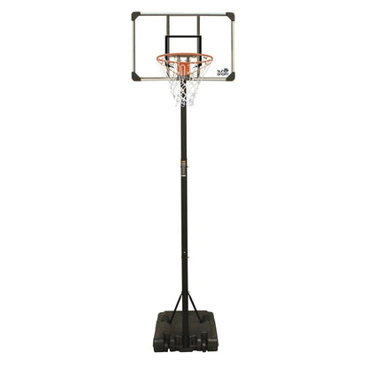 Adjustable basketball hoop with black pole and square backboard, includes base stand.