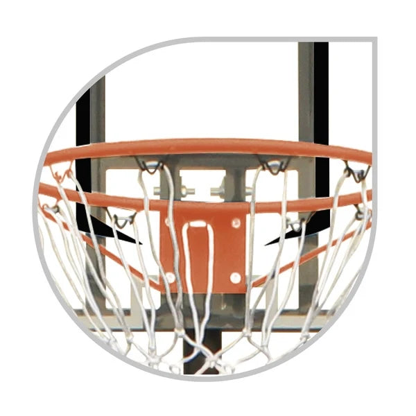 Basketball hoop rim and net close-up with orange ring and white mesh.