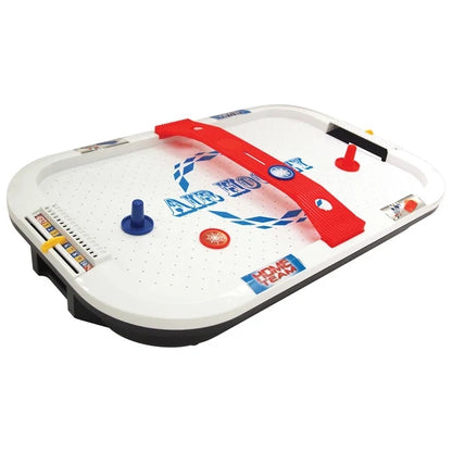 Tabletop air hockey game with red center stripe, white playfield, blue goal posts