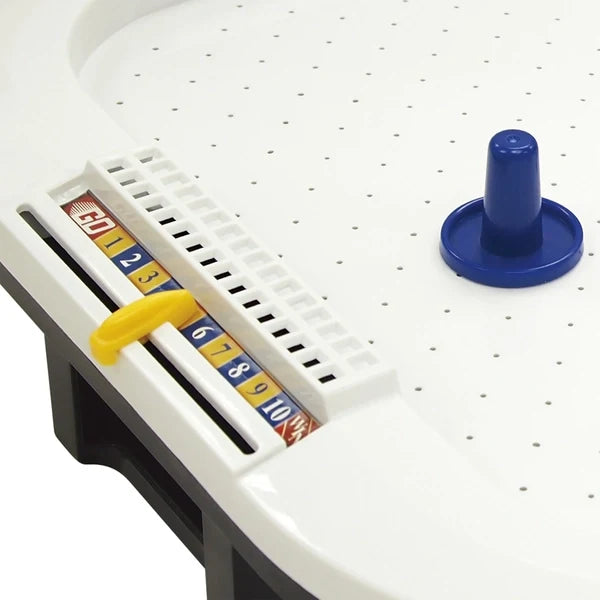 Air hockey tabletop with blue goal post and white scoring lane with slider
