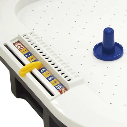 Air hockey tabletop with blue goal post and white scoring lane with slider