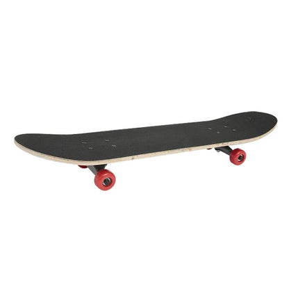 Black cruiser skateboard deck with red wheels and light wood underside