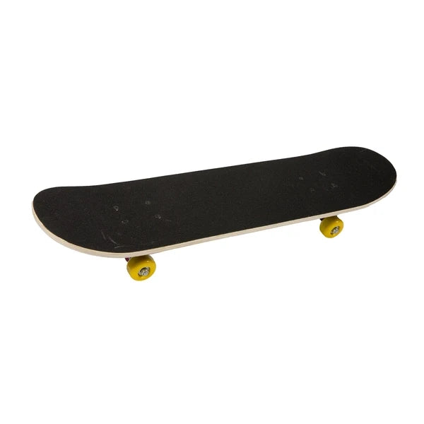 Black cruiser skateboard deck with yellow wheels and light wood underside