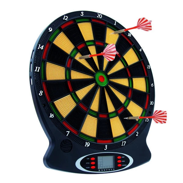 Electronic dartboard with numbered target rings and four red/white darts