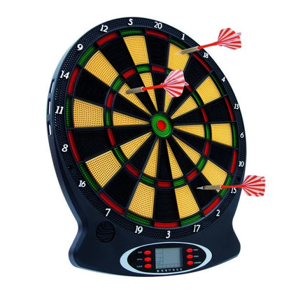Electronic dartboard with numbered target rings and four red/white darts