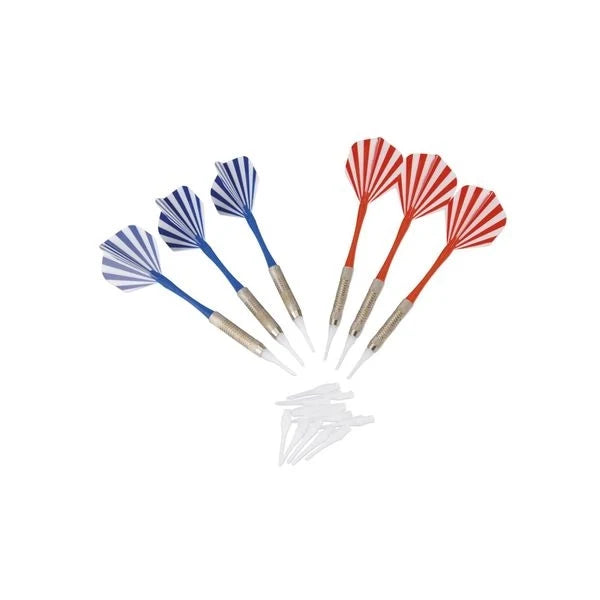 Set of plastic darts with blue and red striped flights