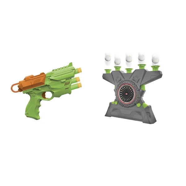 Toy dart gun launcher with green body and orange top, with floating white pods