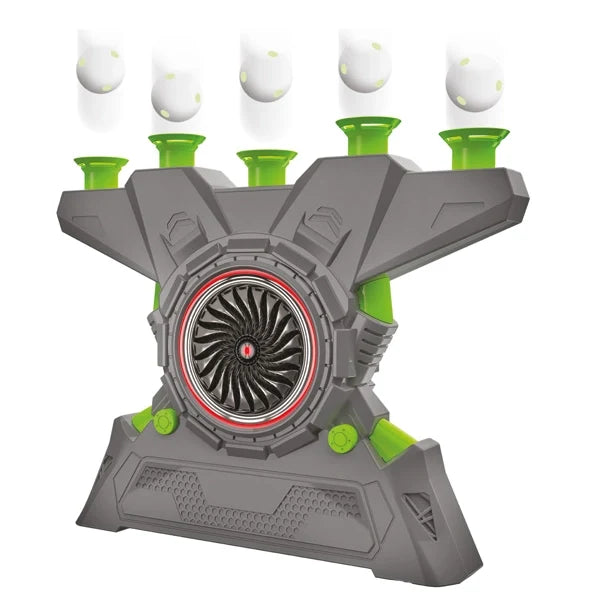Grey hover dart gun with spinning turbine and white floating pods, green accents