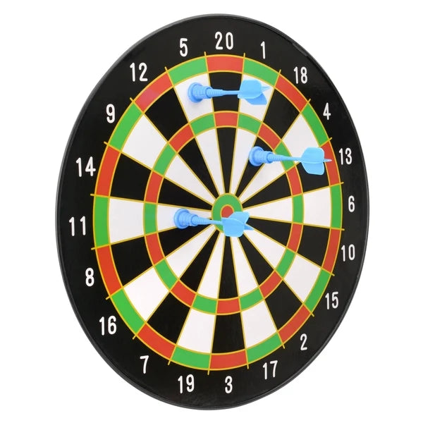 Magnetic dartboard game board with numbered target rings and three blue magnetic darts