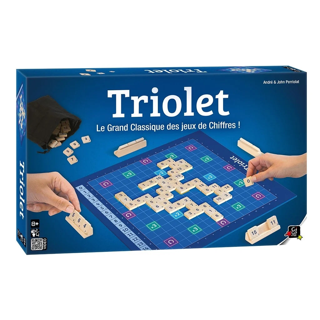 Blue Triolet board game box with grid game board and dice tiles pictured