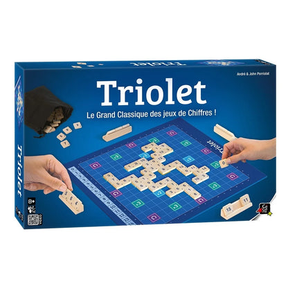 Blue Triolet board game box with grid game board and dice tiles pictured