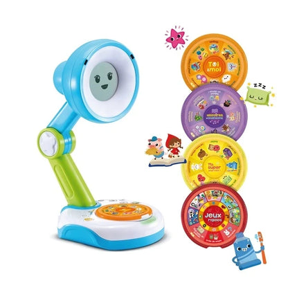 Blue interactive toy with character screen, rotating learning discs, and speaker base